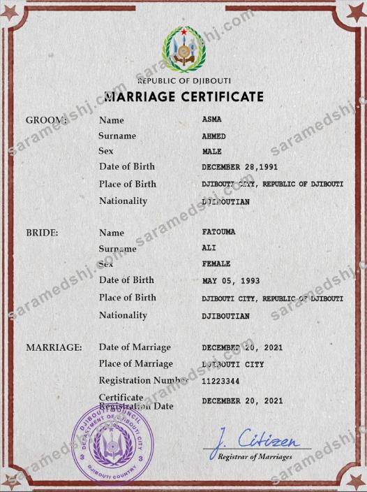 Djibouti marriage certificate PSD template